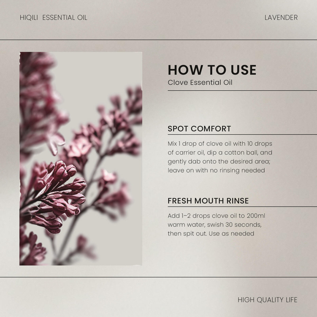HIQILI Clove Essential Oil usage guide for spot comfort and fresh mouth rinse, including dilution directions for topical and oral care.