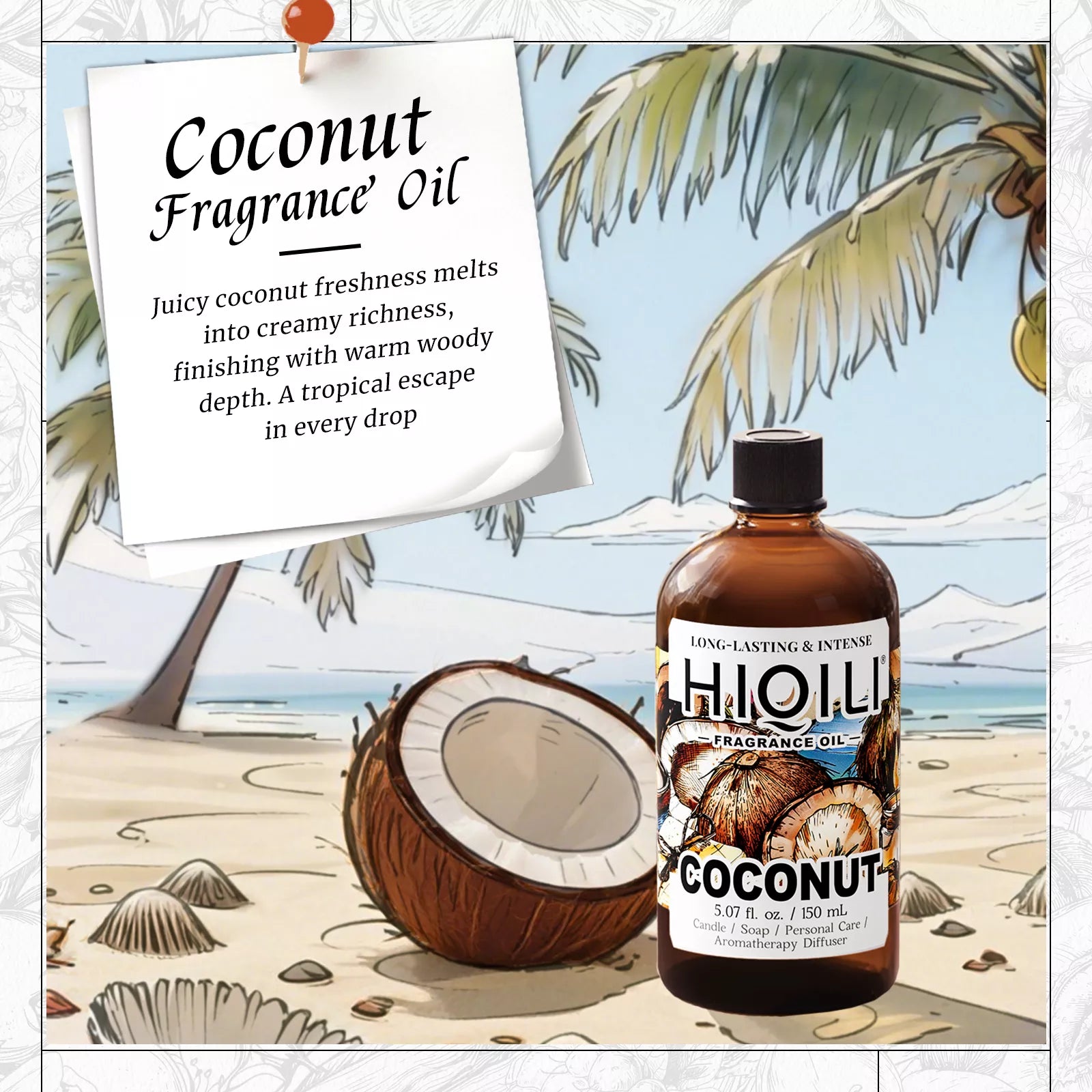 HIQILI Coconut Fragrance Oil 150 mL bottle with tropical scent notes