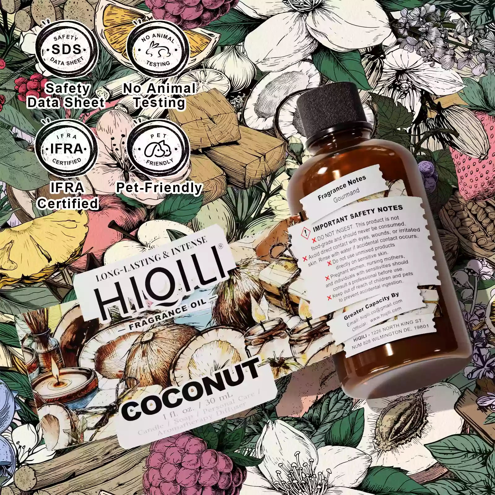 HIQILI Coconut Fragrance Oil 30 mL bottle with IFRA and SDS safety icons