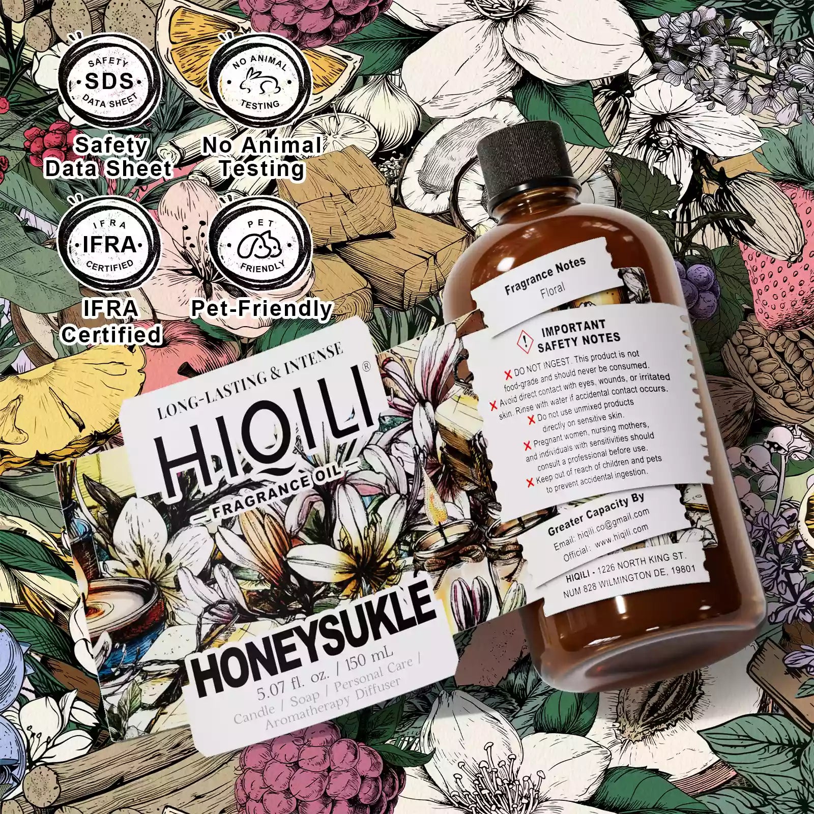 HIQILI Honeysuckle Fragrance Oil 150 mL safety label with SDS and IFRA icons