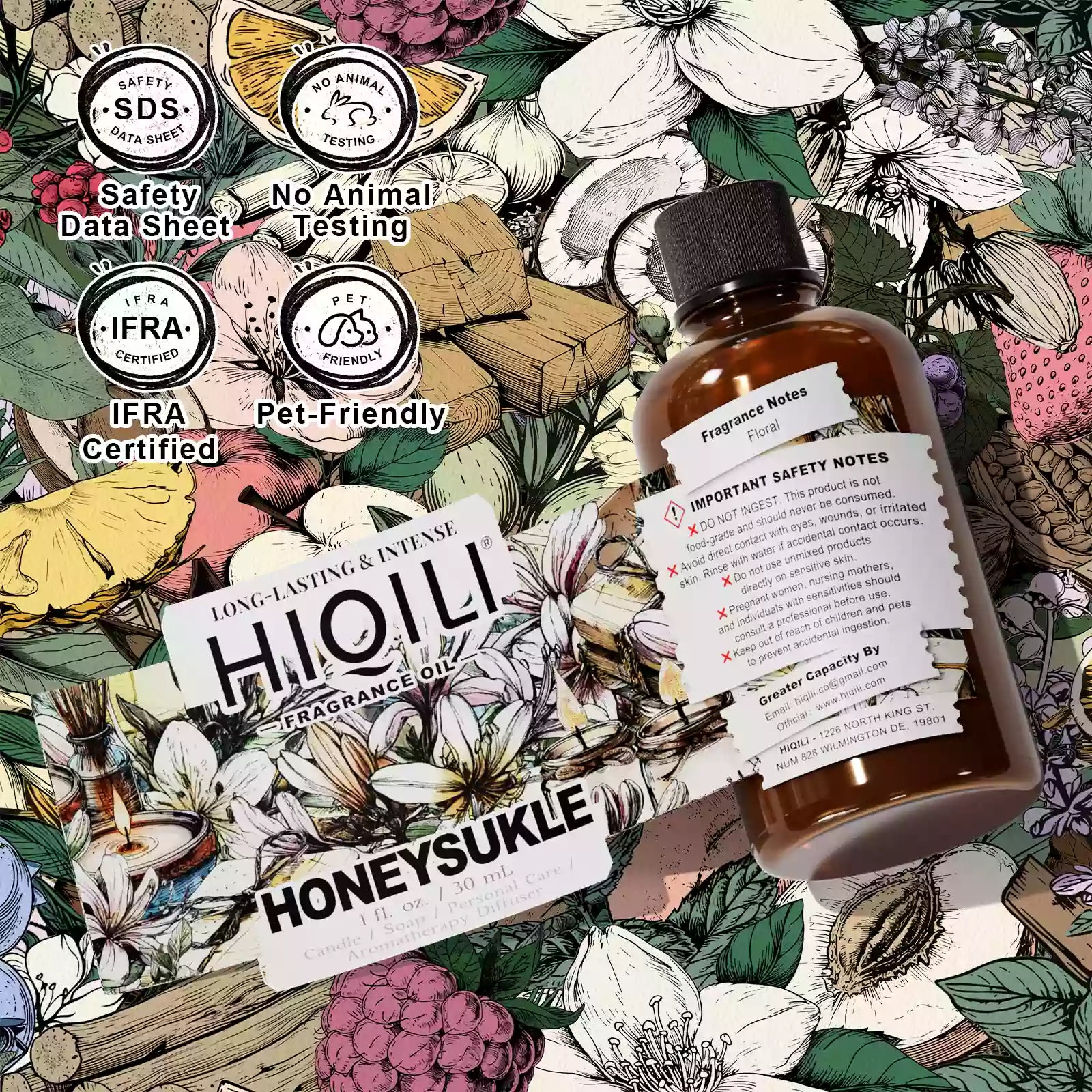 HIQILI Honeysuckle Fragrance Oil 30 mL safety label with SDS and IFRA icons