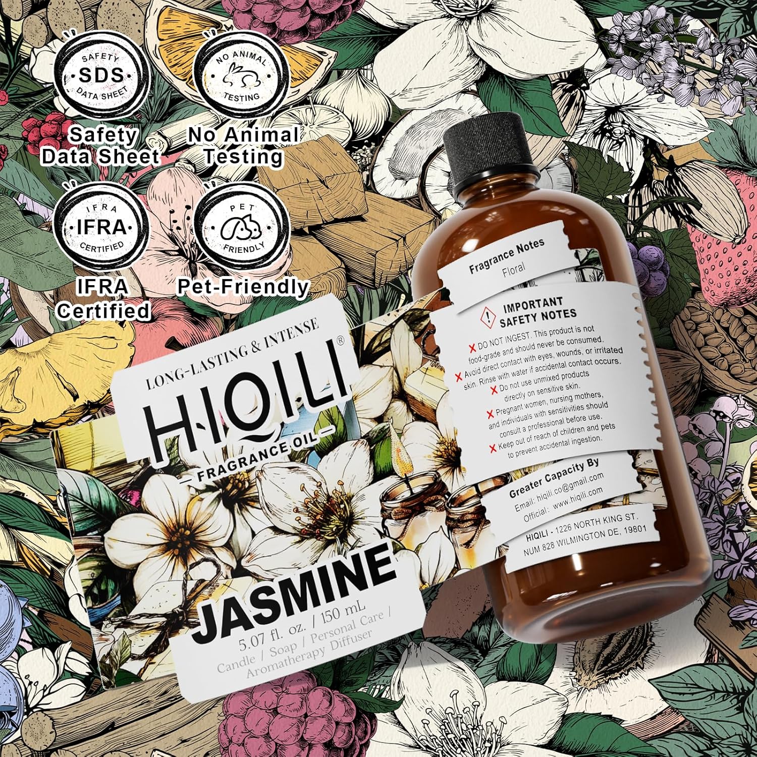 HIQILI Jasmine Fragrance Oil 150 mL bottle with safety notes