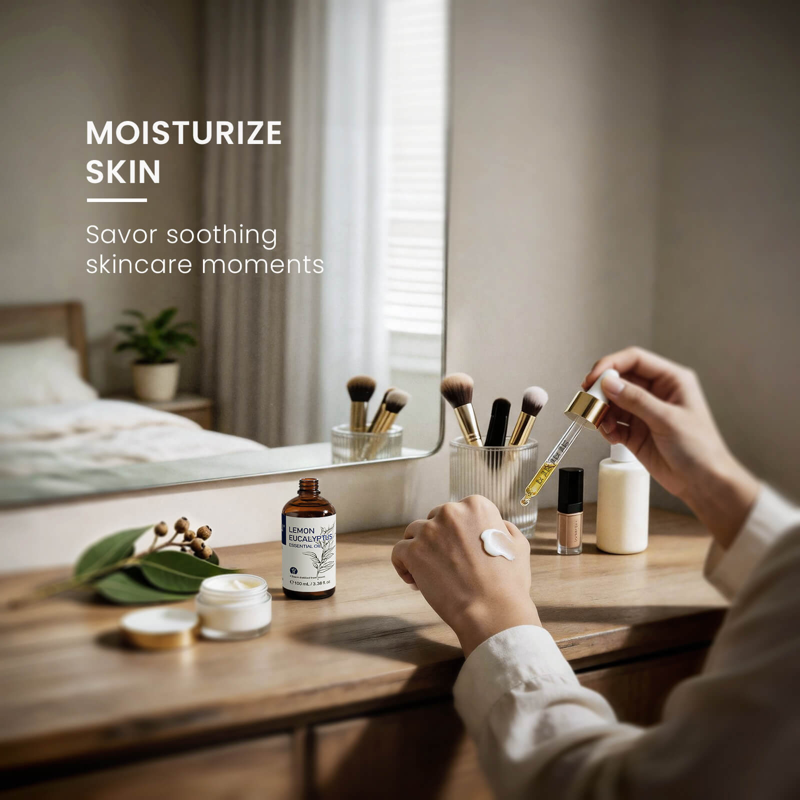 HIQILI Lemon Eucalyptus Essential Oil displayed with moisturizer and skincare products during a personal care routine.