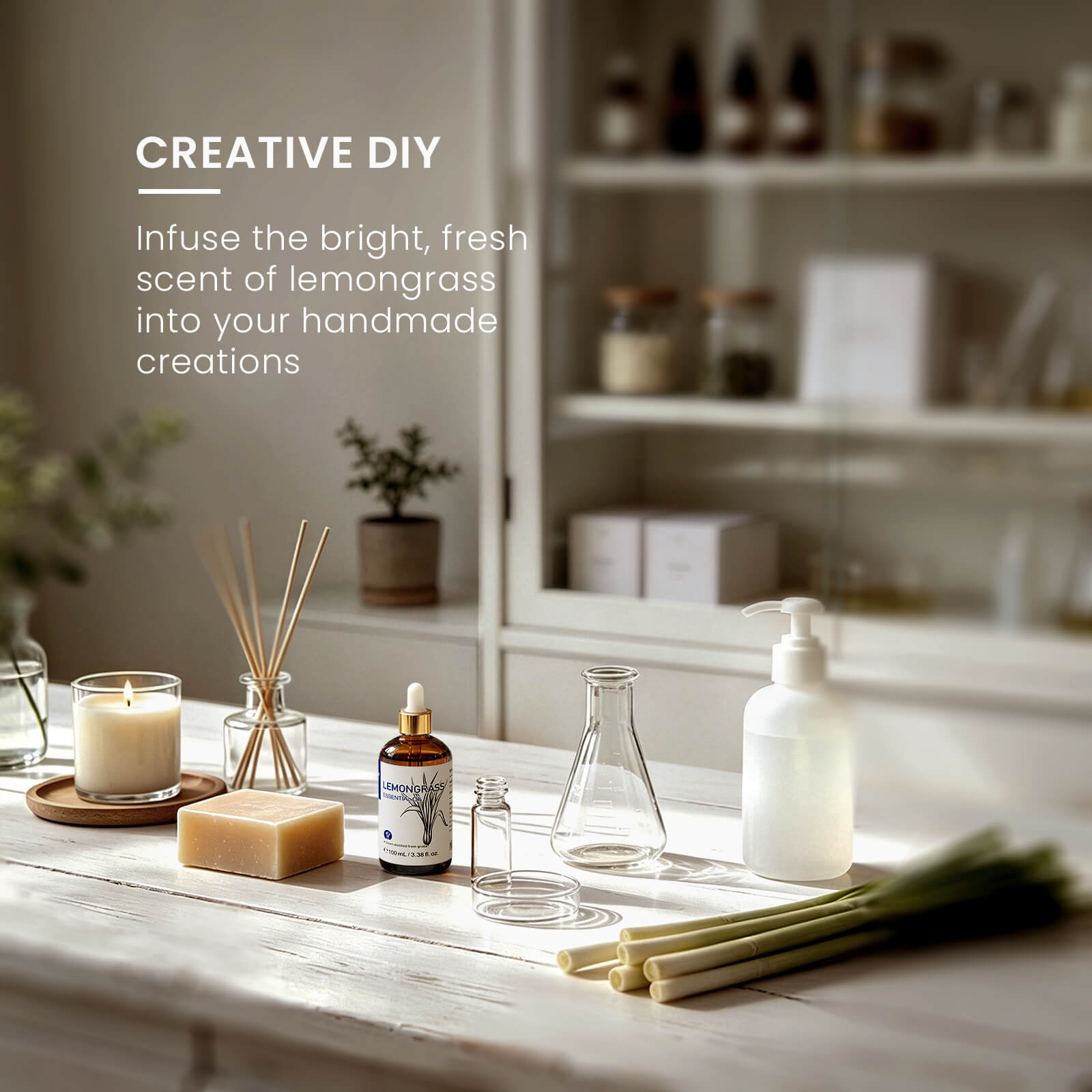 HIQILI Lemongrass Essential Oil displayed with candle, soap, diffuser reeds, and DIY supplies for handmade creations.