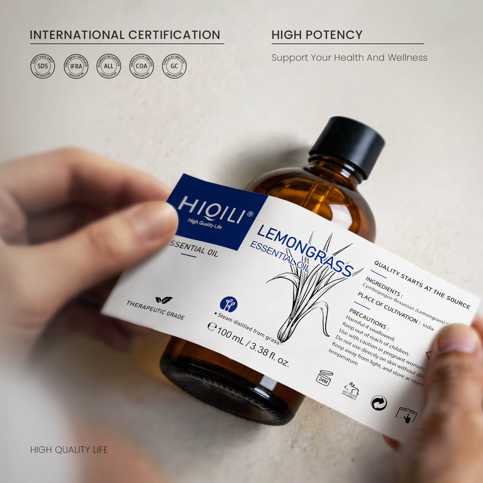 HIQILI Lemongrass Essential Oil bottle and label with SDS, IFRA, allergen, COA, and GC certification icons.