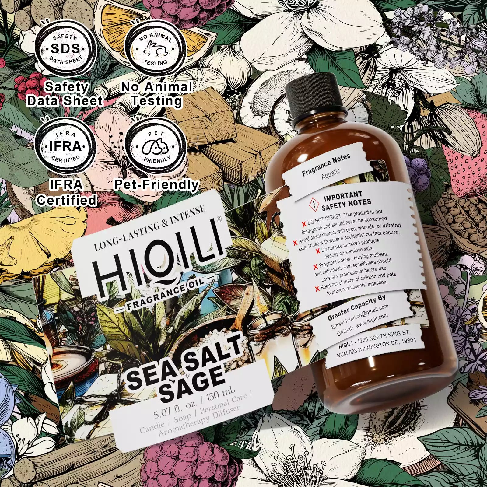 HIQILI Sea Salt Sage Fragrance Oil 150 mL bottle with IFRA and SDS notes