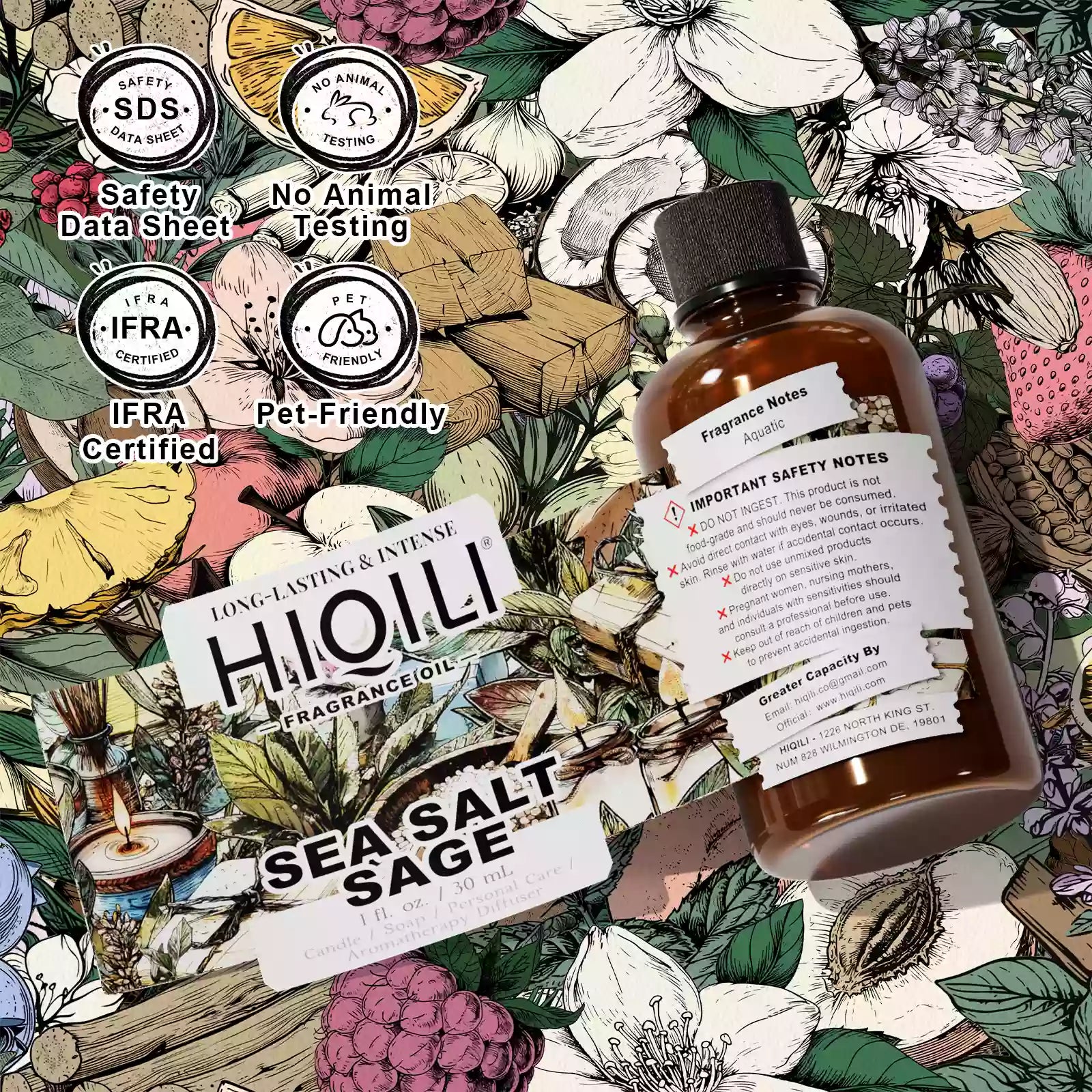 HIQILI Sea Salt Sage Fragrance Oil 30 mL bottle with safety notes