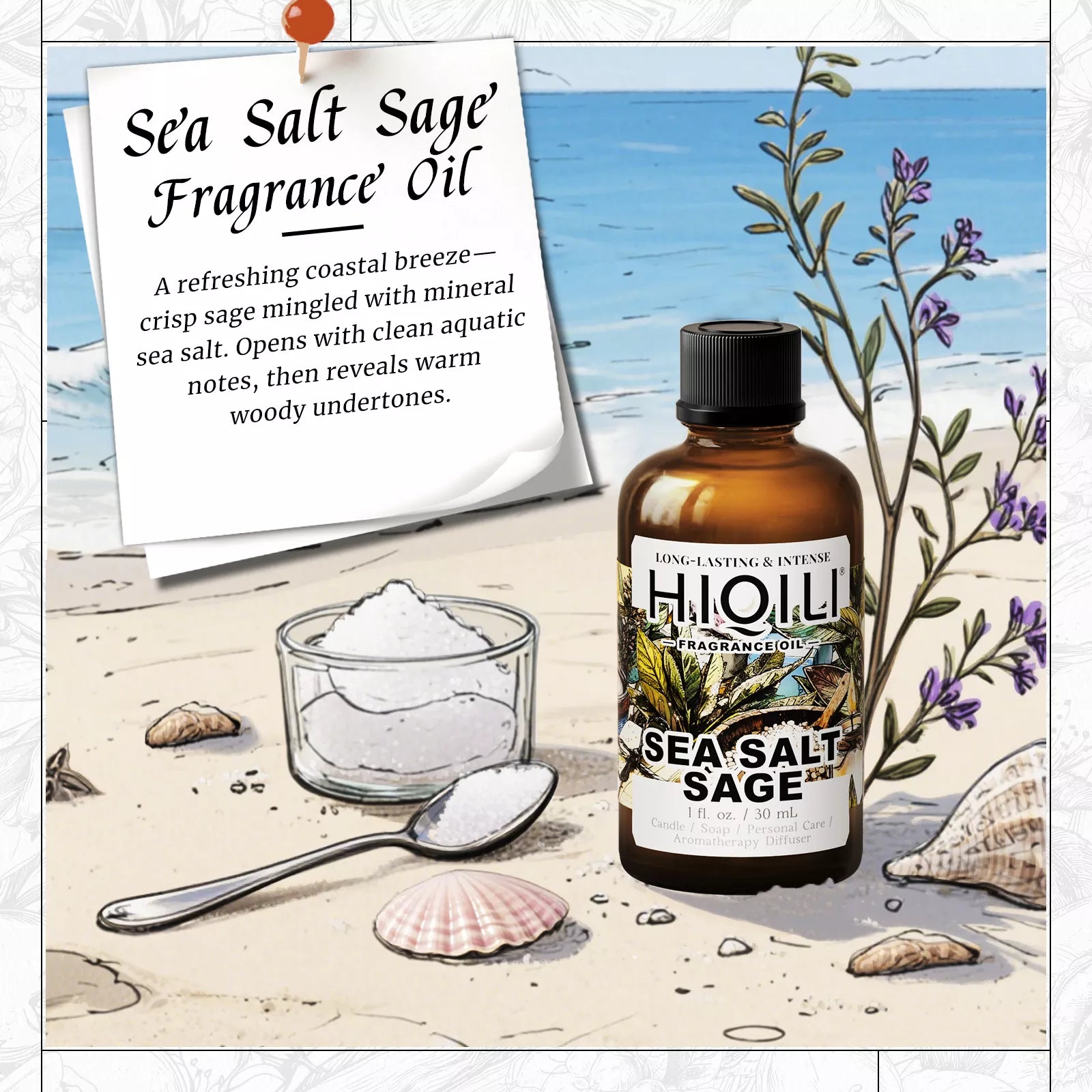 HIQILI Sea Salt Sage Fragrance Oil coastal scent card