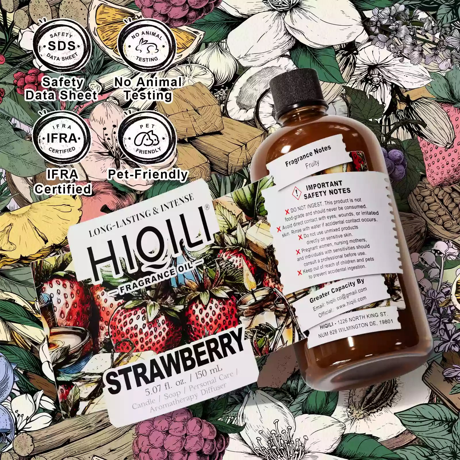 HIQILI Strawberry Fragrance Oil 150 mL bottle with safety badges