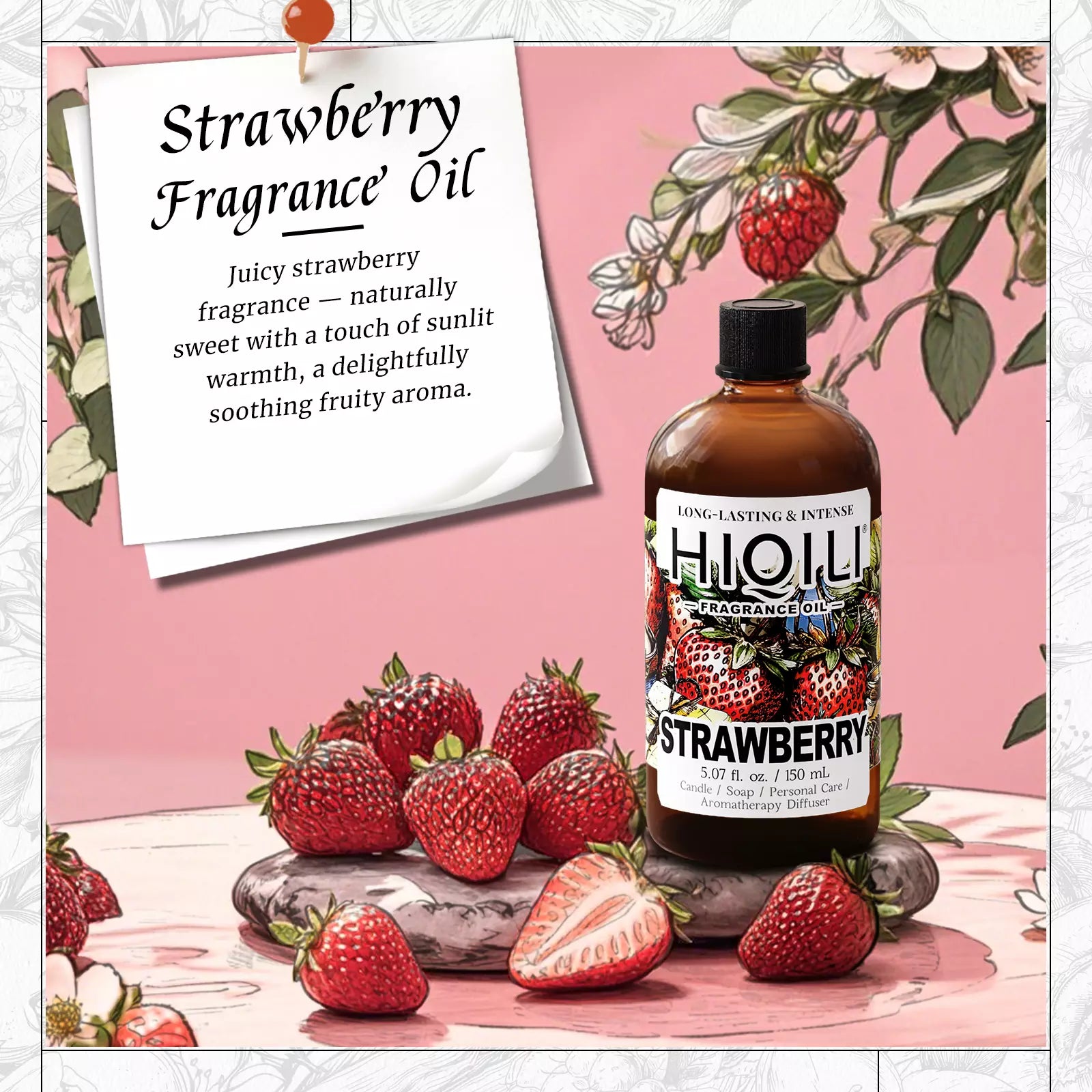 HIQILI Strawberry Fragrance Oil 150 mL bottle with fruity scent card