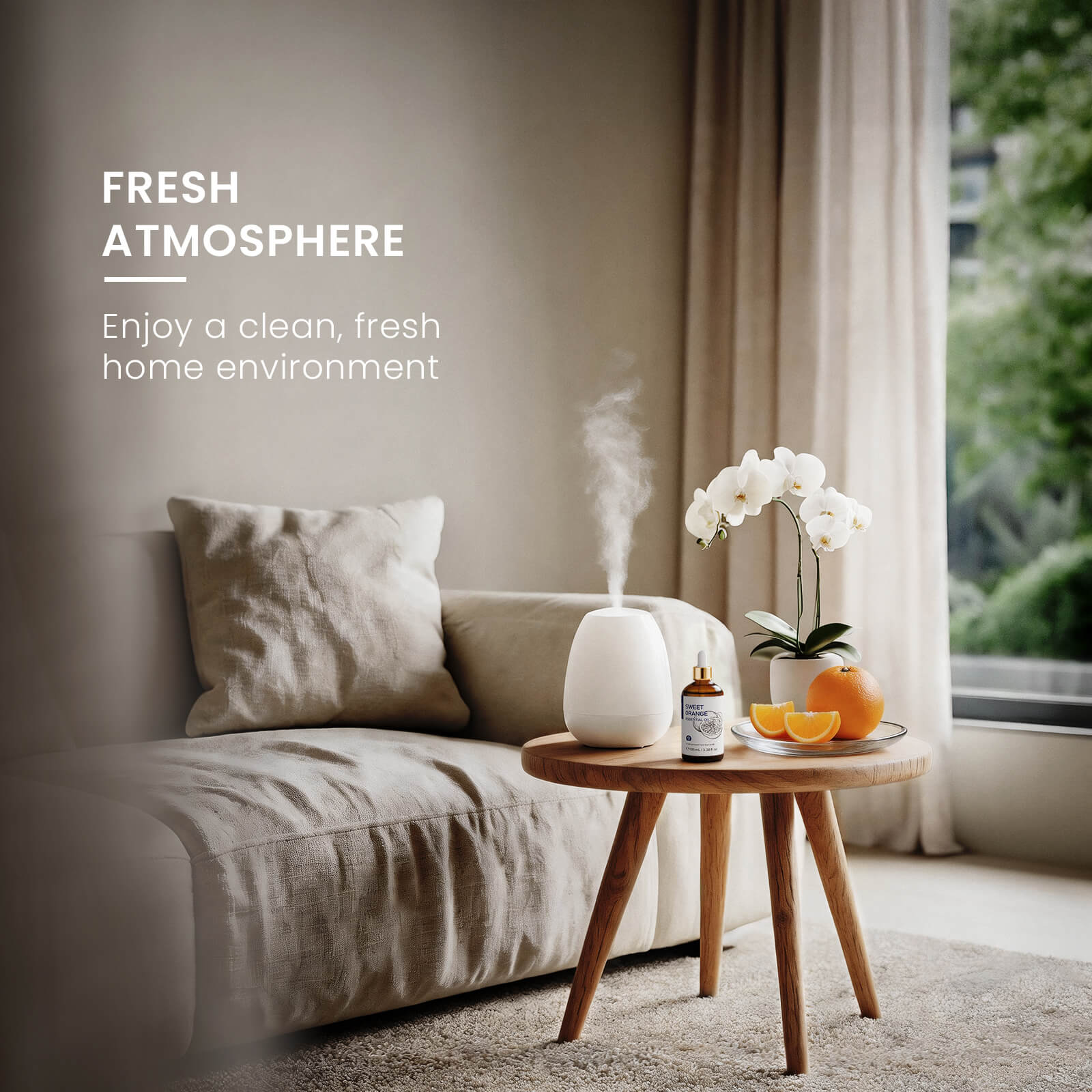 HIQILI Sweet Orange Essential Oil diffused in a living room to create a fresh, uplifting, and pleasant home atmosphere.
