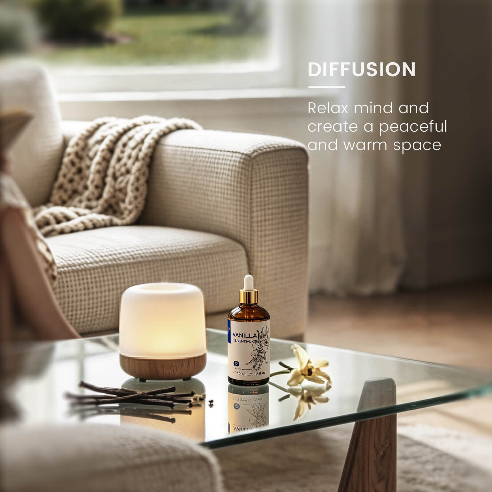 HIQILI Vanilla Essential Oil used in an aroma diffuser to relax the mind and create a warm, peaceful atmosphere.