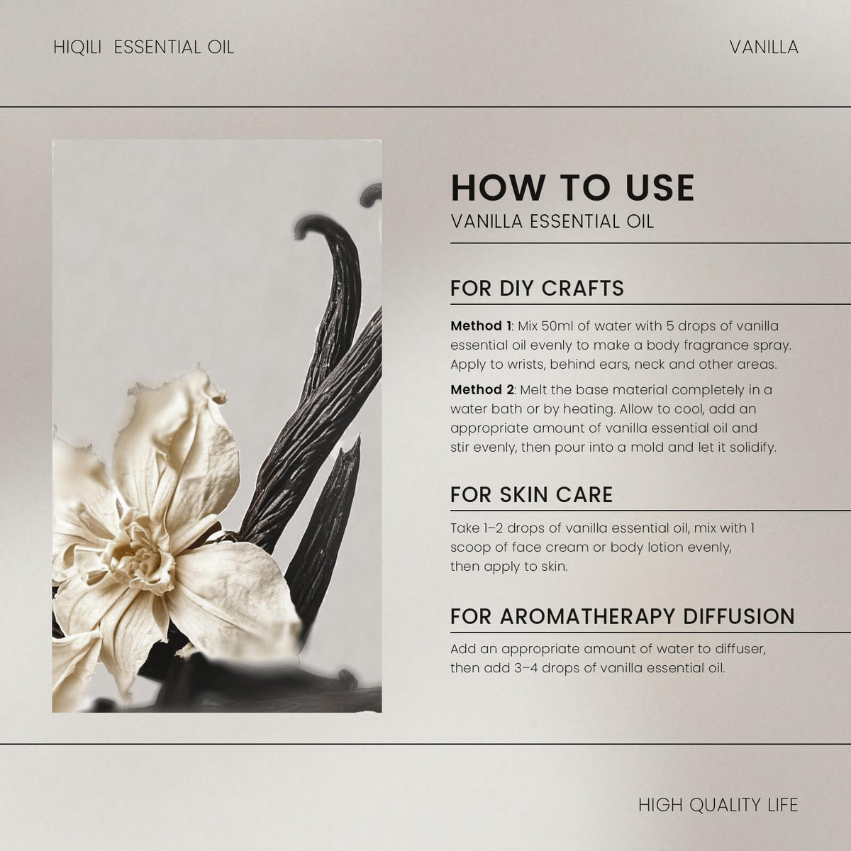 HIQILI Vanilla Essential Oil usage guide for DIY crafts, skincare, body fragrance, and aromatherapy diffusion.