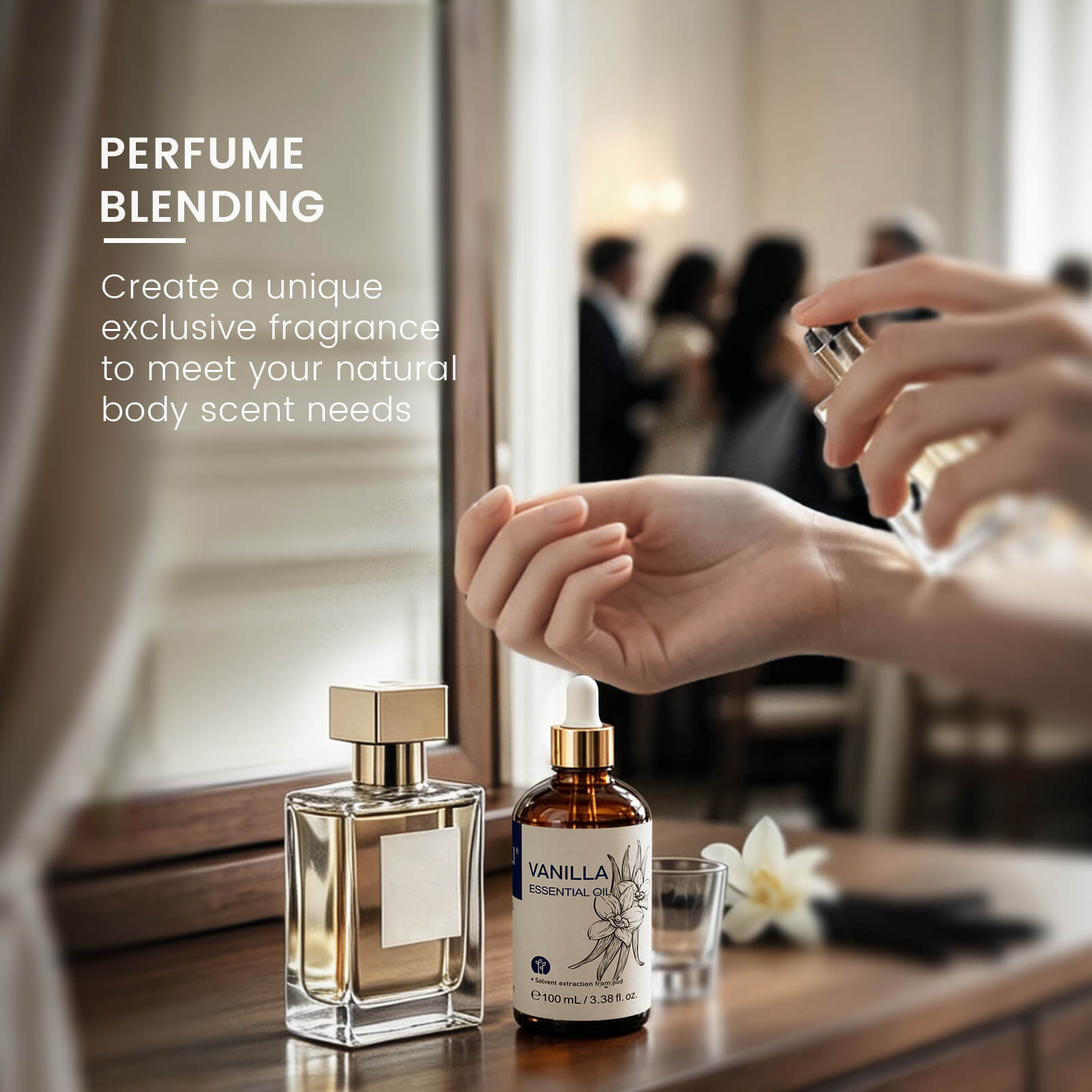HIQILI Vanilla Essential Oil used for perfume blending to create a warm, sweet, personalized body fragrance.