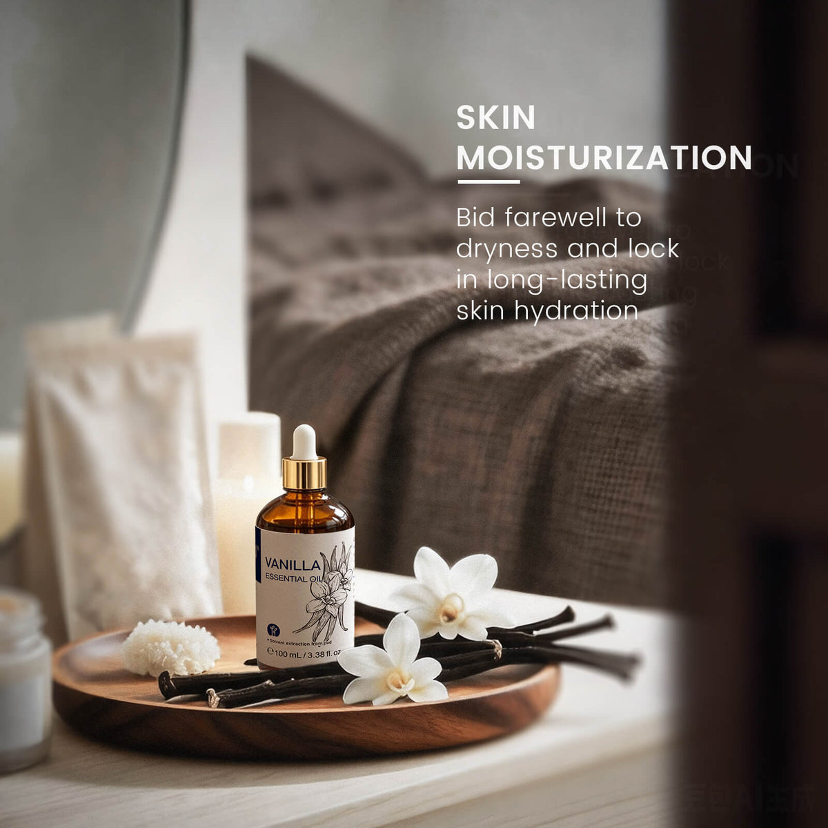HIQILI Vanilla Essential Oil helps relieve dry skin, lock in moisture, and support long-lasting skin hydration.