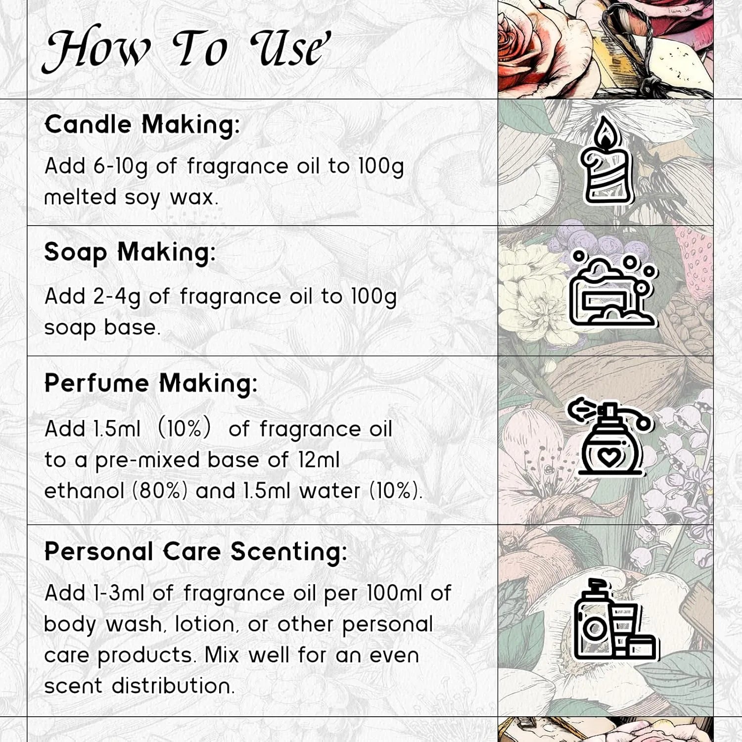 HIQILI Vanilla Fragrance Oil usage guide for candles soap perfume and care