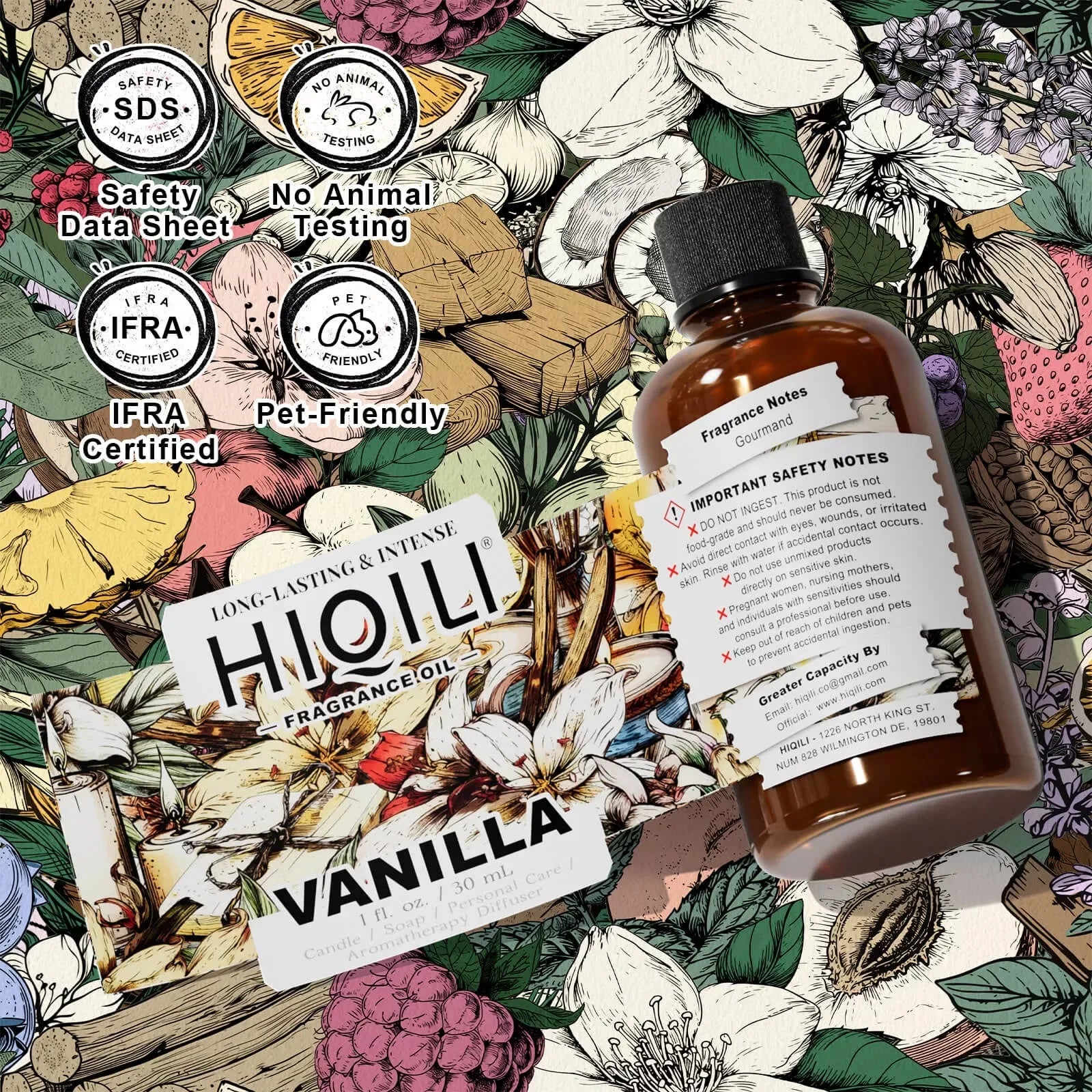HIQILI Vanilla Fragrance Oil 30 mL bottle with IFRA and SDS safety notes
