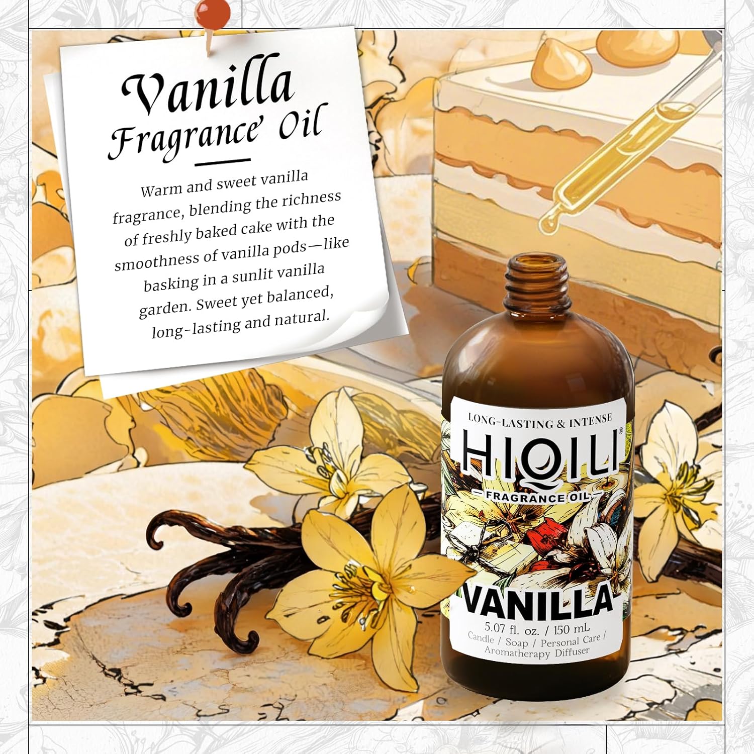HIQILI Vanilla Fragrance Oil 150 mL bottle with warm vanilla scent card