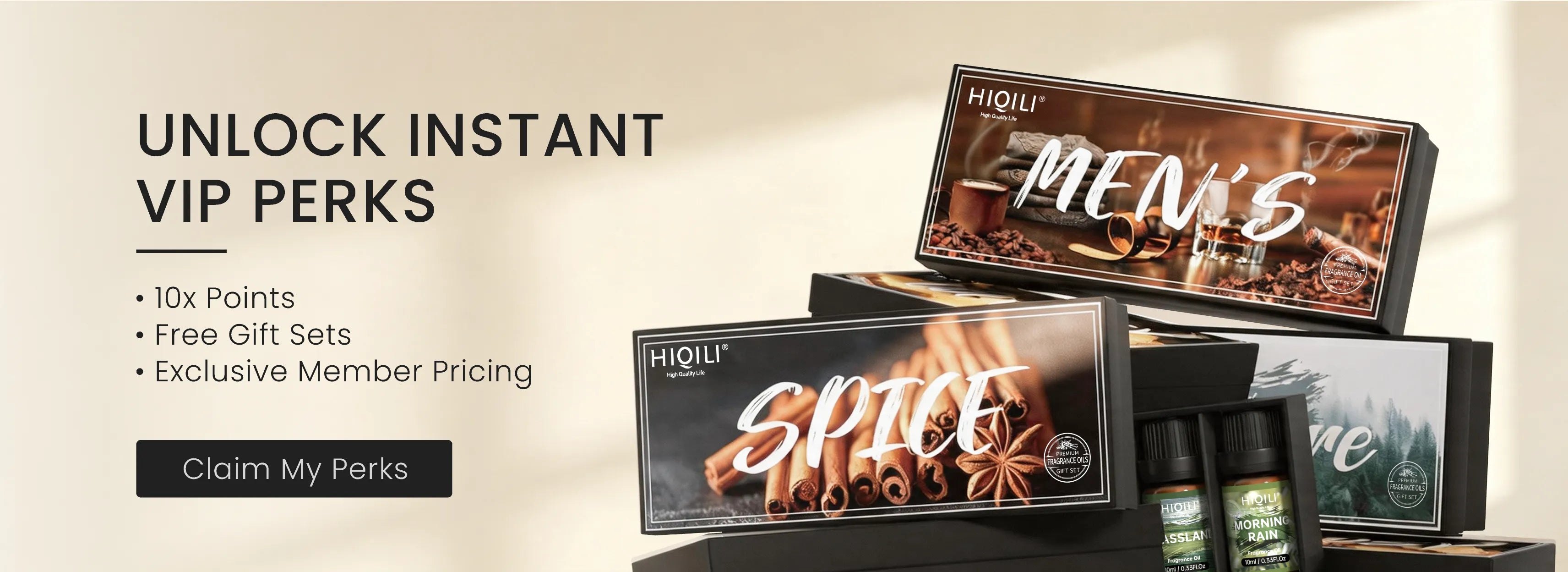 HIQILI VIP membership featuring 10x points, free gift sets, and exclusive member pricing on fragrance oils.