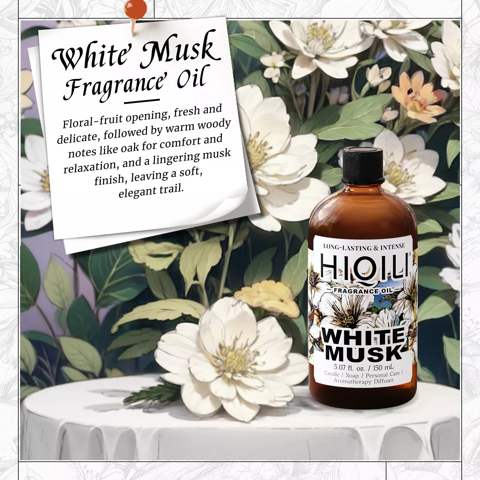 HIQILI White Musk Fragrance Oil 150 mL scent card with soft musk notes
