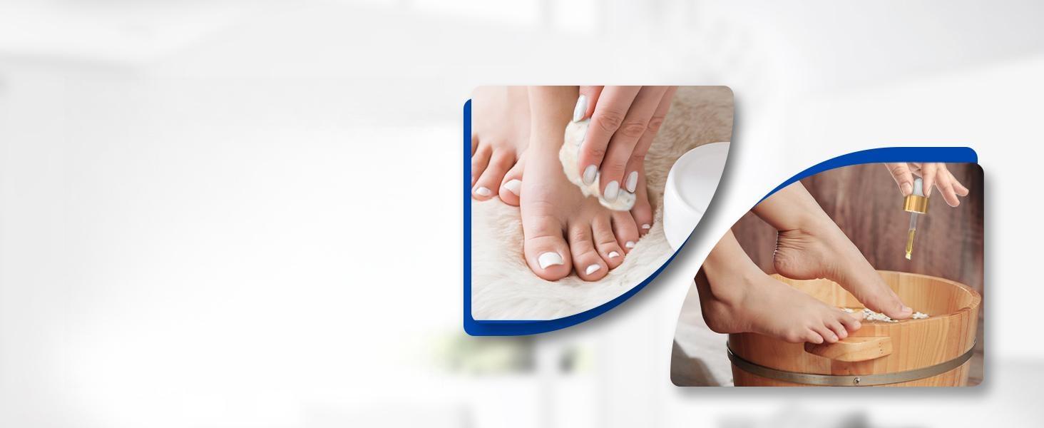 Woman enjoying a relaxing at-home foot soak in a wooden basin with pure tea tree essential oil for intensive nail care and foot hygiene.