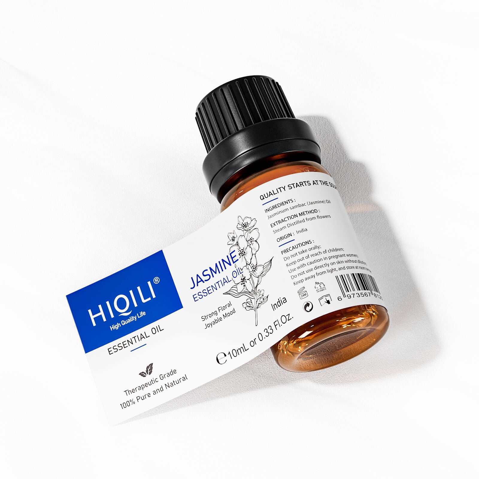 HIQILI 10ml Jasmine Essential Oil expanded label showing therapeutic grade and Indian Jasminum sambac.