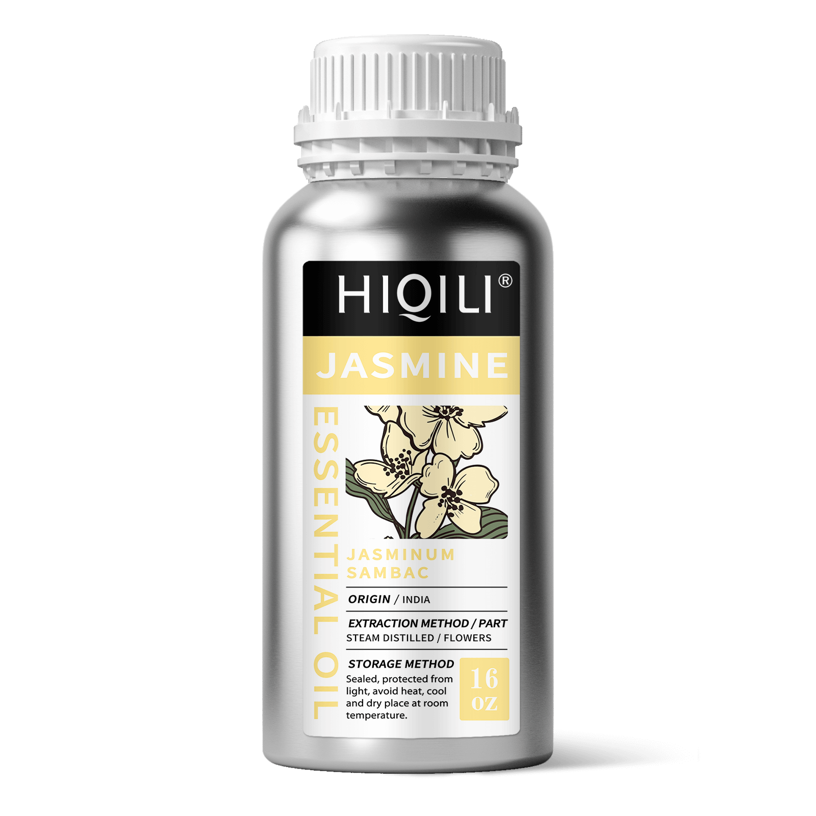 HIQILI 16 oz bulk Jasmine Essential Oil aluminum bottle, Jasminum sambac sourced from India.