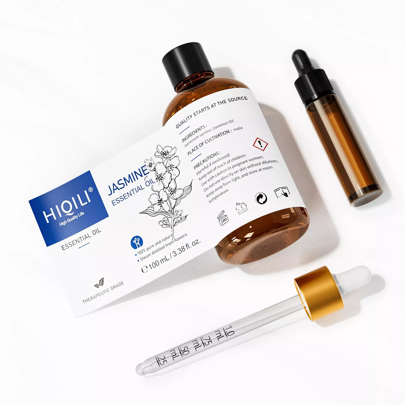 HIQILI 100ml Jasmine Essential Oil expanded label with glass dropper showing precise measurement markings.