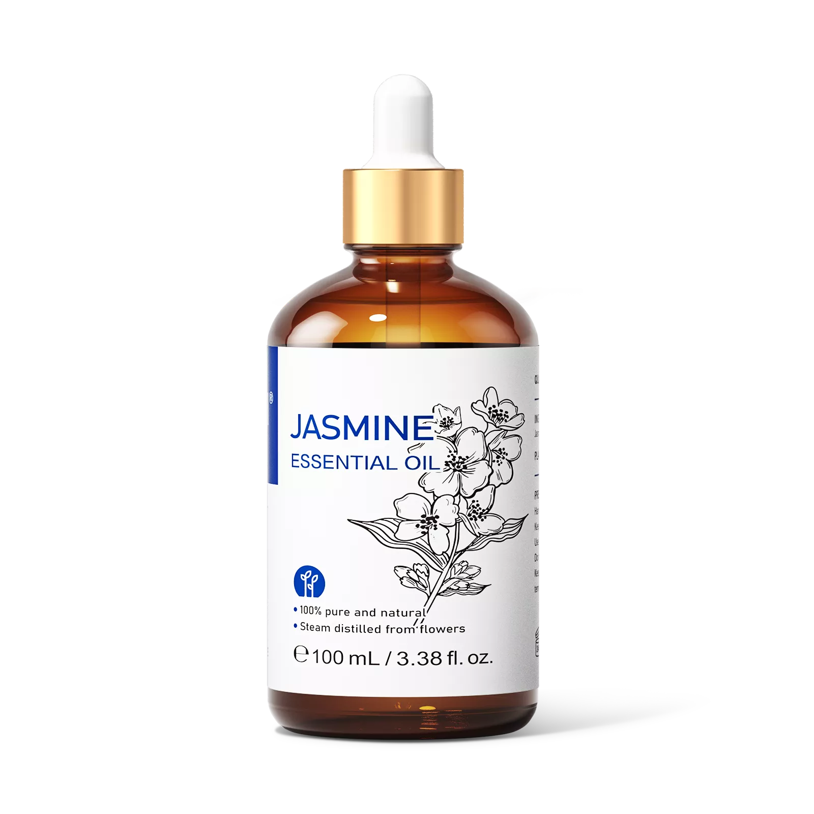 HIQILI 100ml 3.38 fl oz Jasmine Essential Oil amber glass bottle with gold dropper front view.