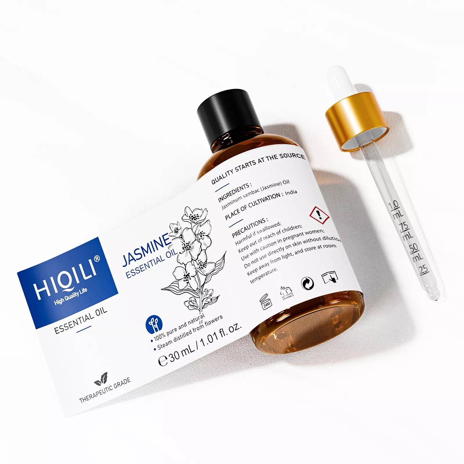 HIQILI 30ml Jasmine Essential Oil with expanded label and a glass dropper showing precise measurement markings.