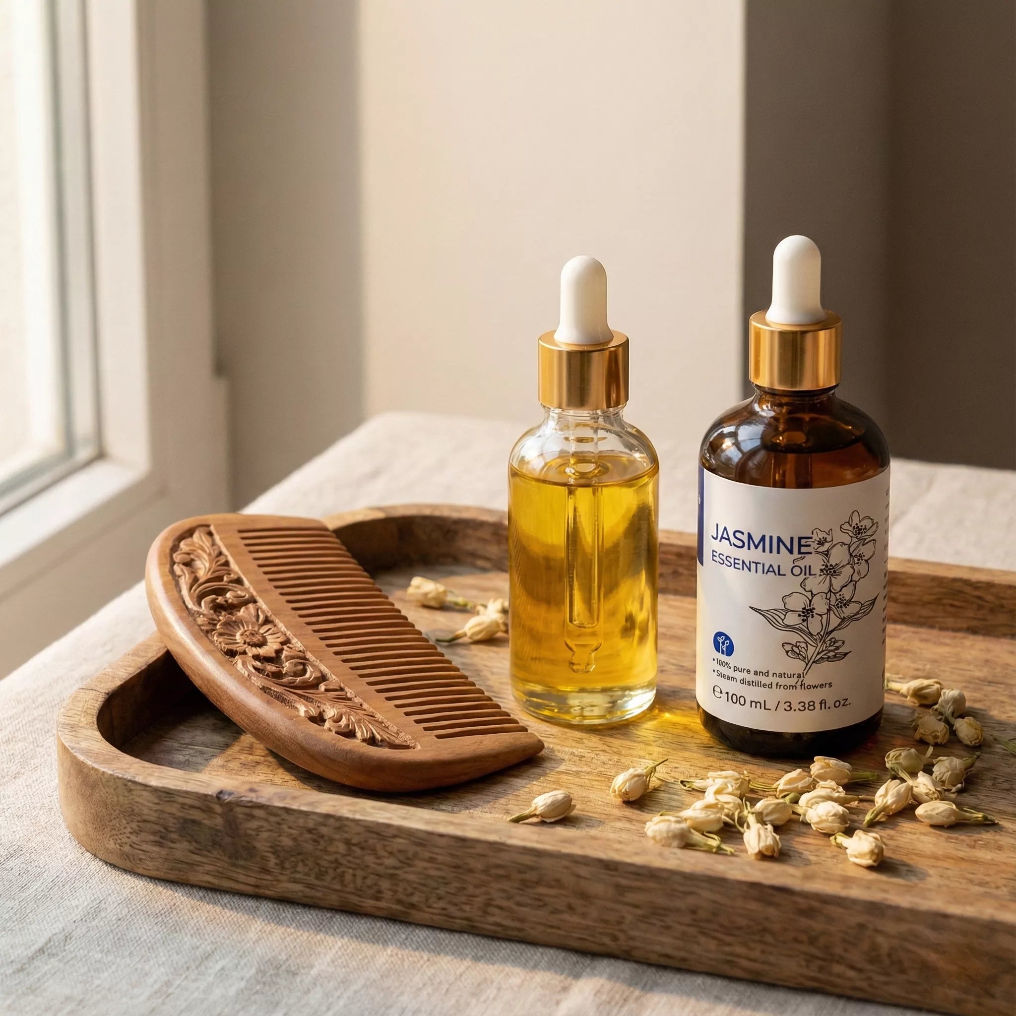 Wooden hair comb and Jasmine Essential Oil blend on a bamboo tray for natural hair care and shine.