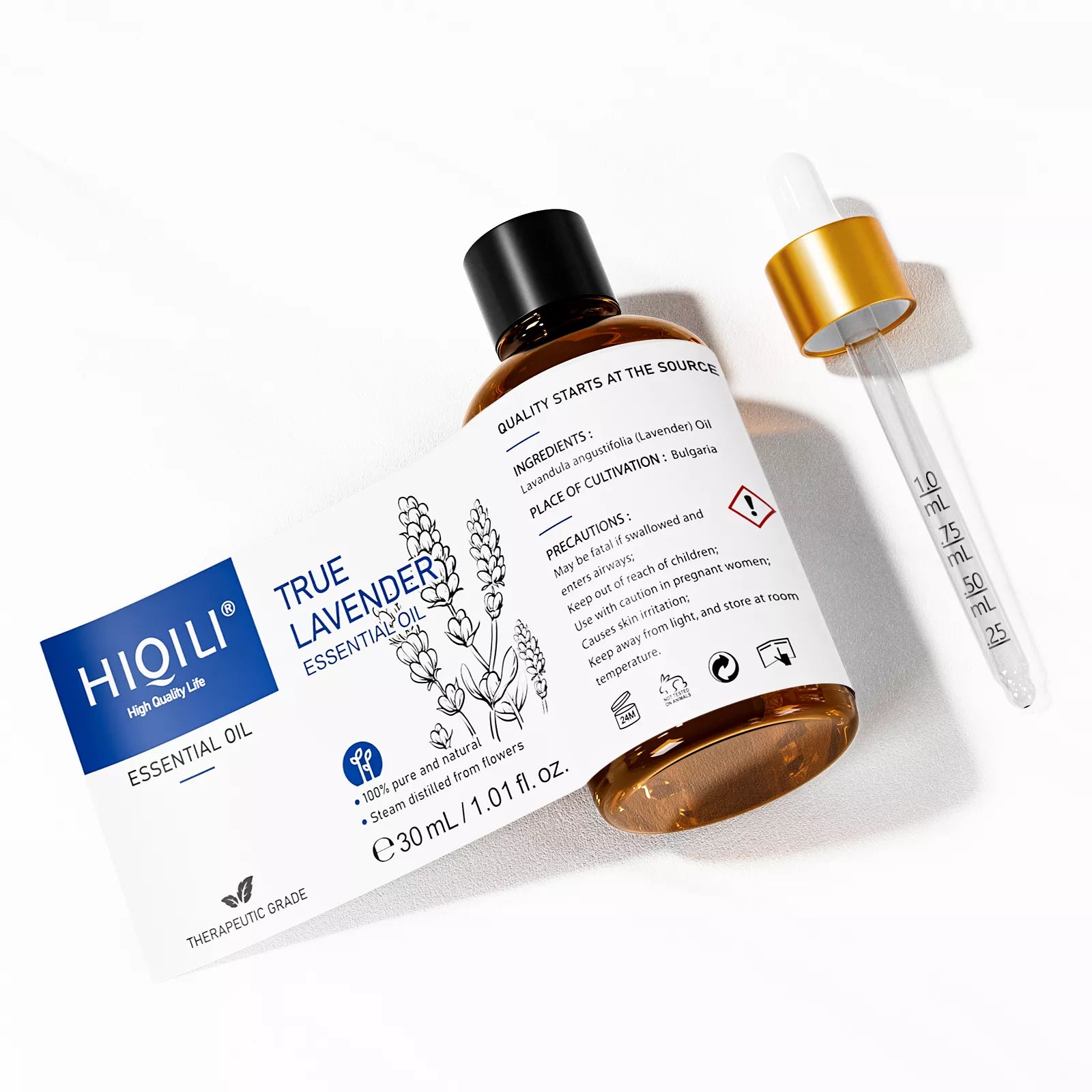 HIQILI 30ml True Lavender Essential Oil with expanded label and a glass dropper with precise measurement markings.