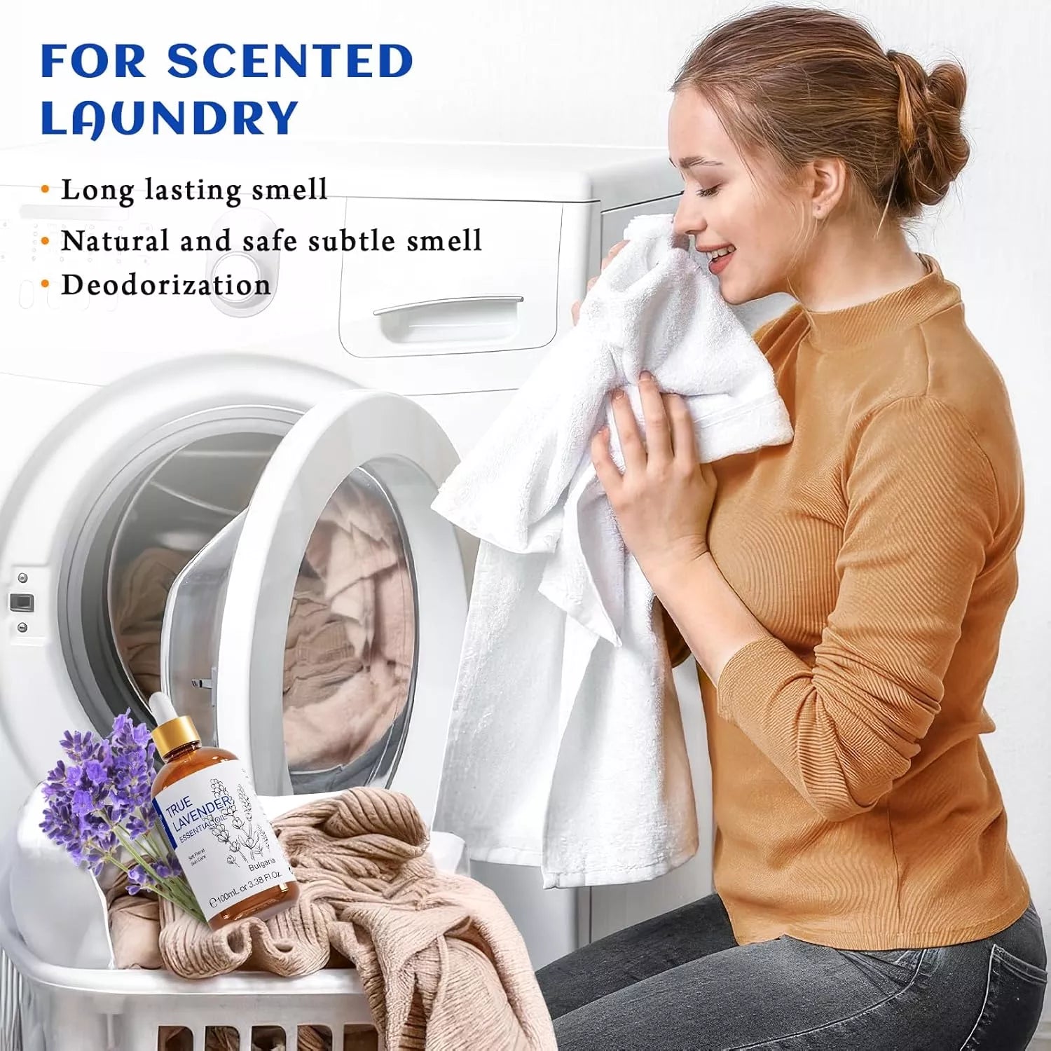HIQILI Woman smelling a fresh towel by washing machine, using True Lavender Essential Oil for naturally scented laundry.