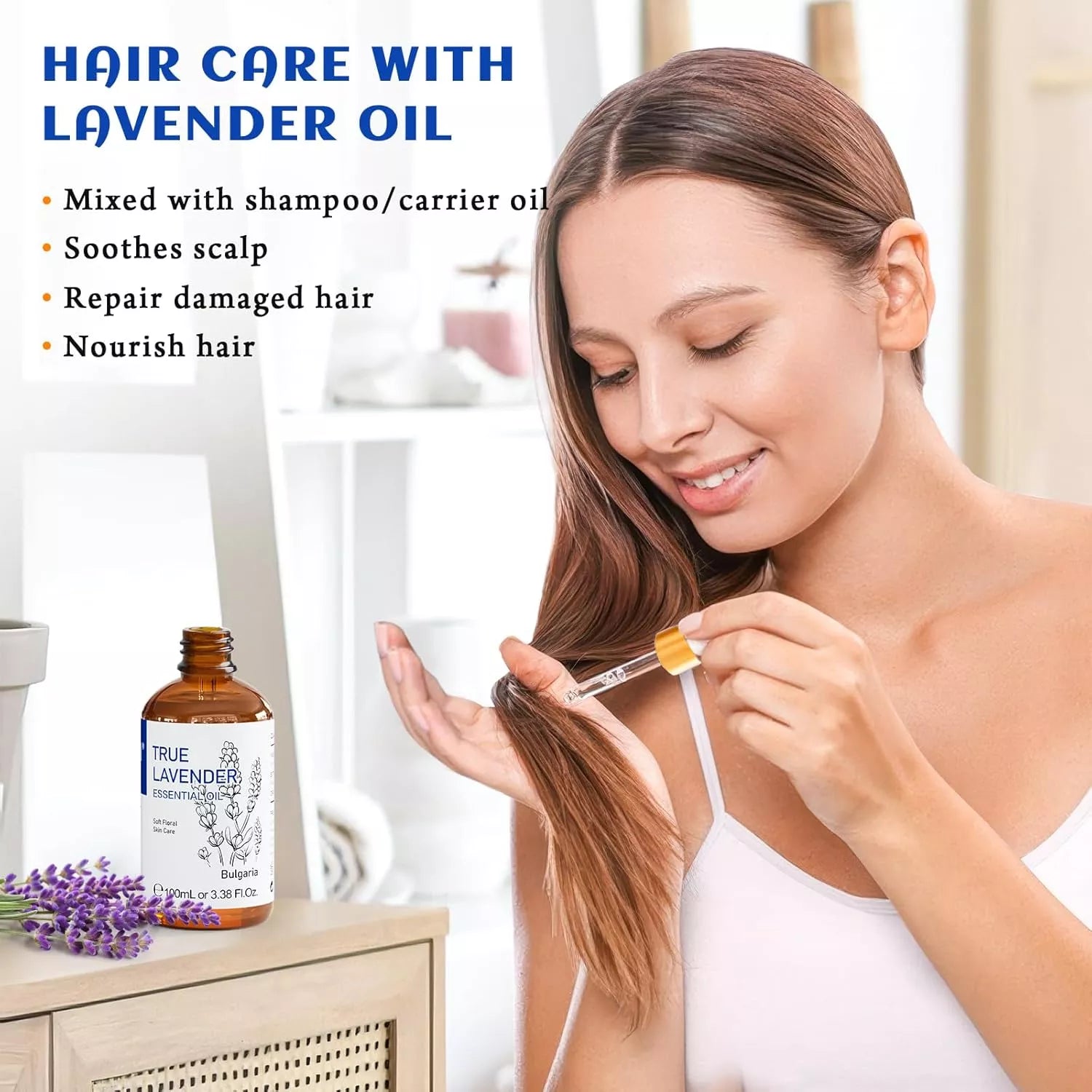 HIQILI Smiling woman applying True Lavender Essential Oil to her hair ends with a dropper to nourish and repair damaged hair.