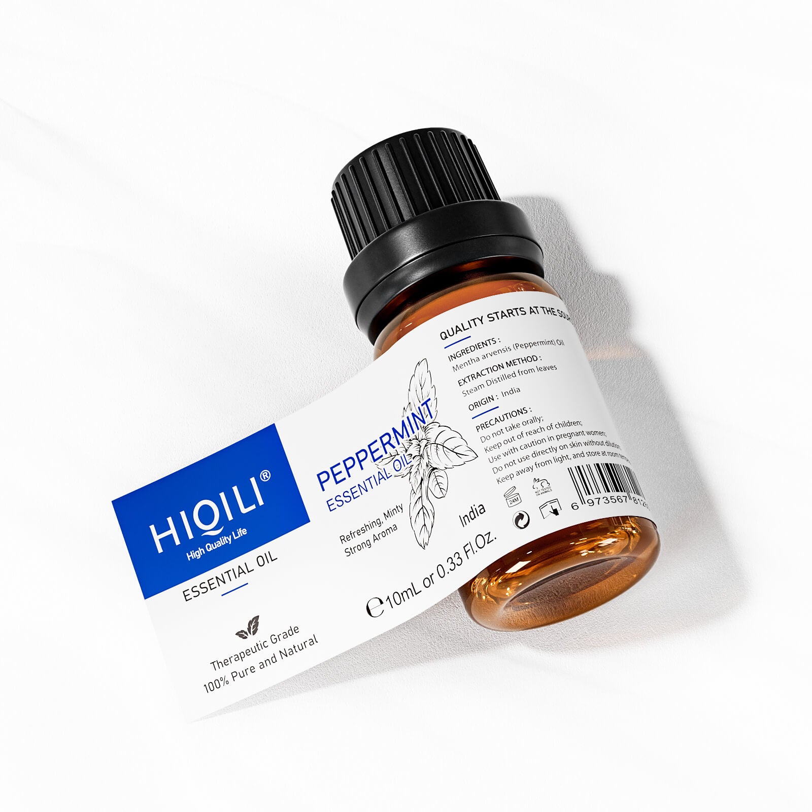HIQILI 10ml Peppermint Essential Oil expanded label showing therapeutic grade and Indian origin.