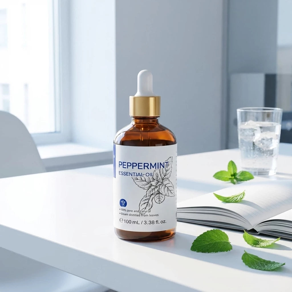 HIQILI 100ml Peppermint Essential Oil on a white desk with mint leaves and a book for a refreshing vibe.