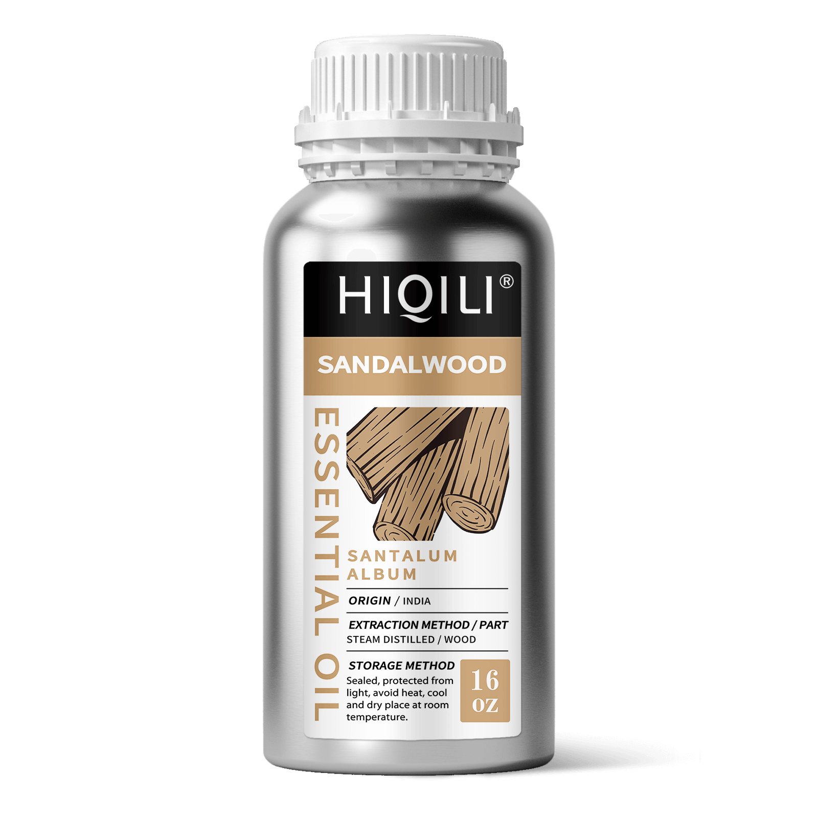 HIQILI 16 oz bulk Sandalwood Essential Oil aluminum bottle, pure Indian Santalum album for wholesale.