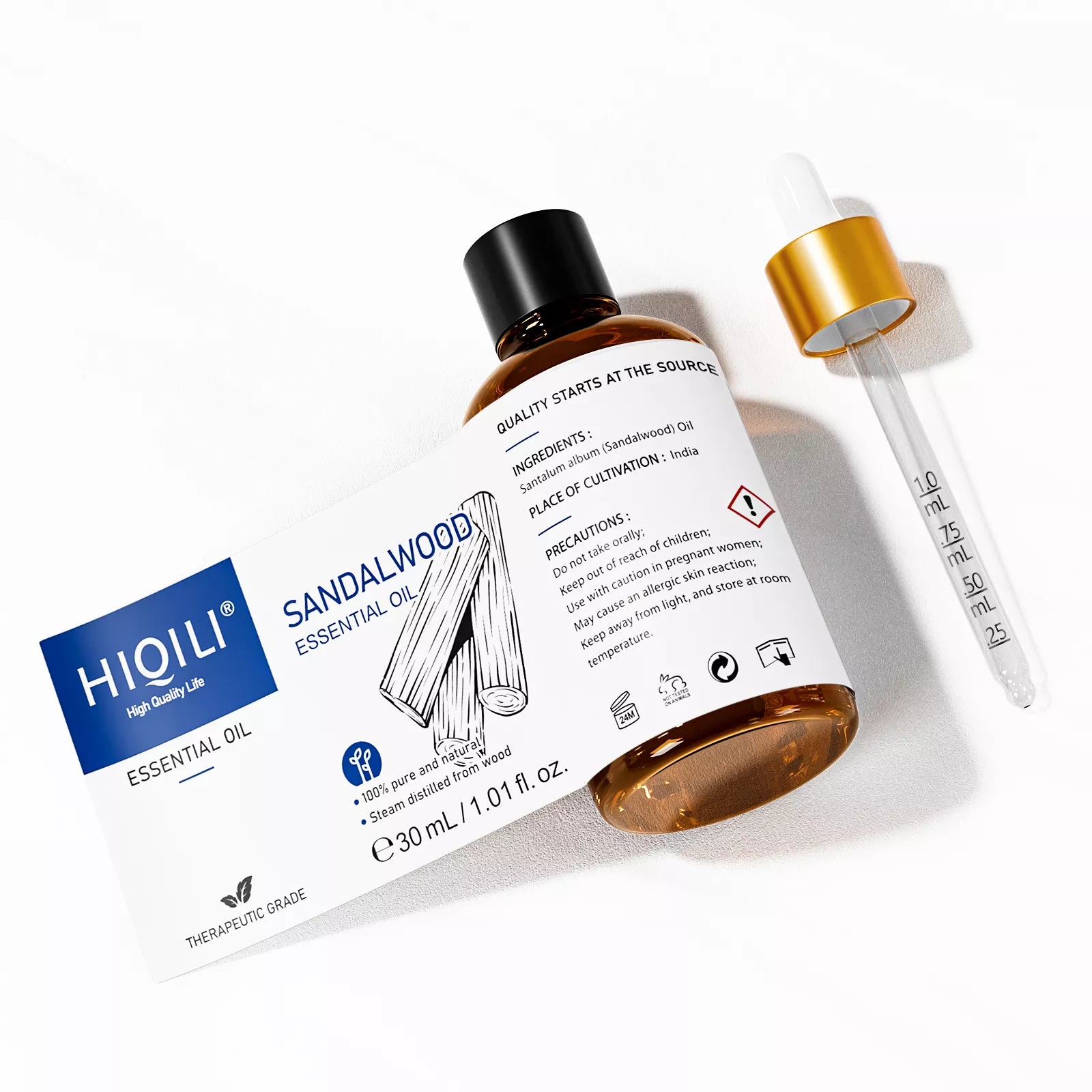 HIQILI 30ml Sandalwood Essential Oil expanded label and glass dropper with precise measurement markings.
