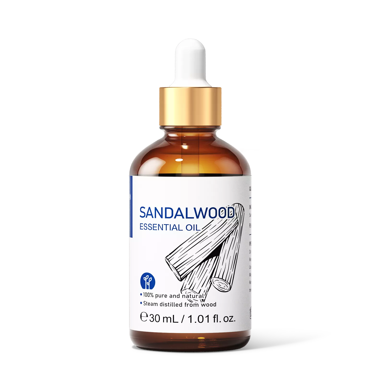HIQILI 30ml 1.01 fl oz Sandalwood Essential Oil amber glass bottle with gold dropper front view.