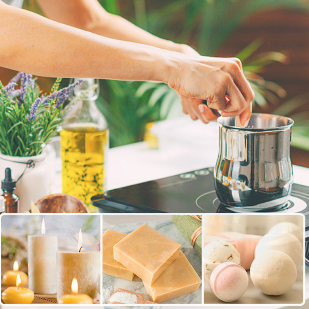 Person crafting premium DIY homemade candles, soaps, and bath bombs using pure sandalwood essential oil for a luxurious, lingering woody scent.