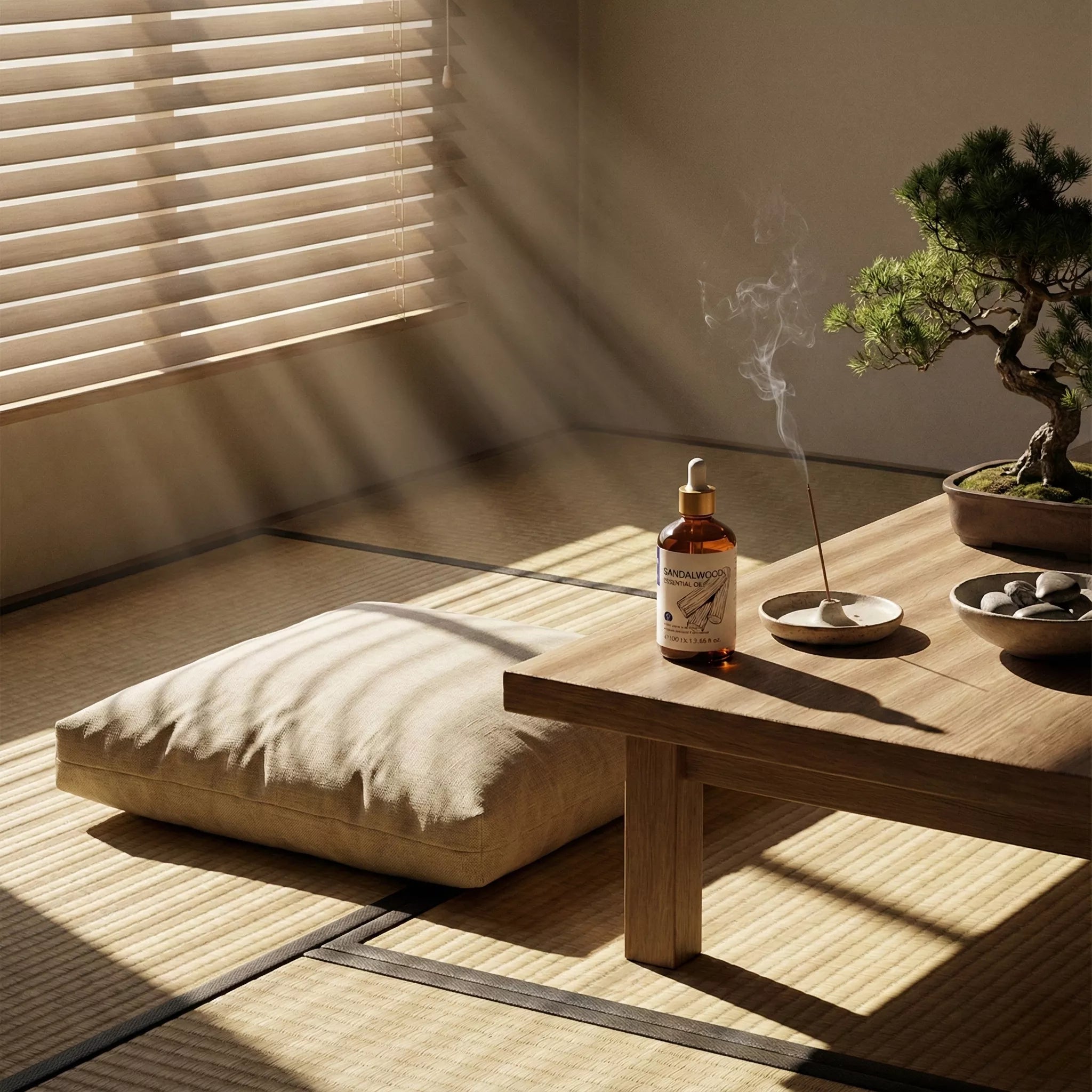 HIQILI Sandalwood Essential Oil on a wooden table with incense and bonsai in a serene sunlit room.