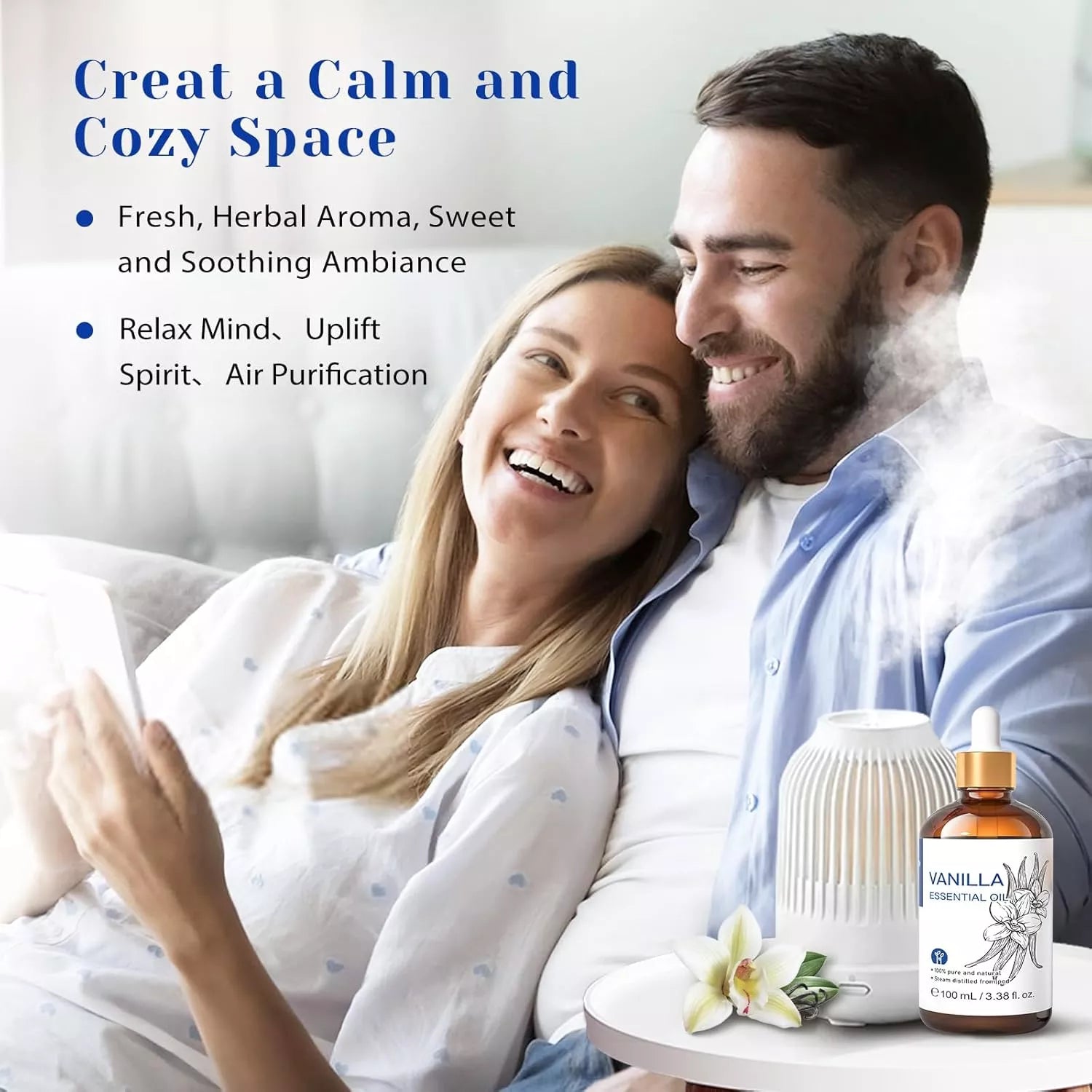 HIQILI Smiling couple relaxing with HIQILI Vanilla Essential Oil in a diffuser for a sweet, soothing ambiance.