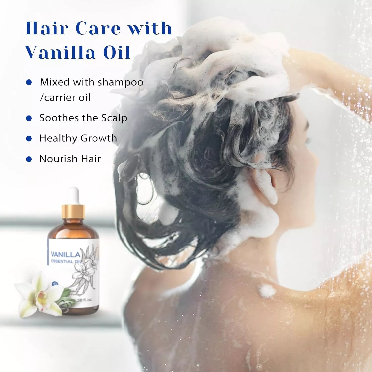 HIQILI Woman washing hair in shower using HIQILI Vanilla Essential Oil mixed with shampoo for scalp nourishment.