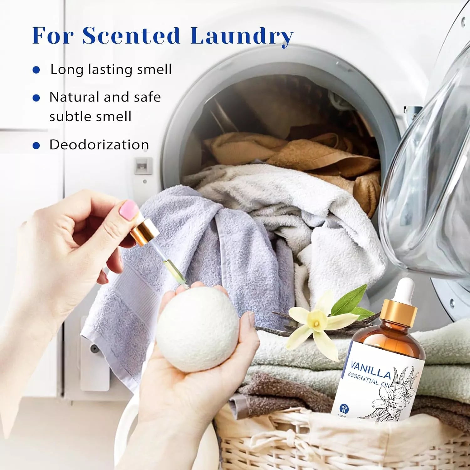HIQILI Woman adding HIQILI Vanilla Essential Oil to wool dryer balls for naturally scented and deodorized laundry.