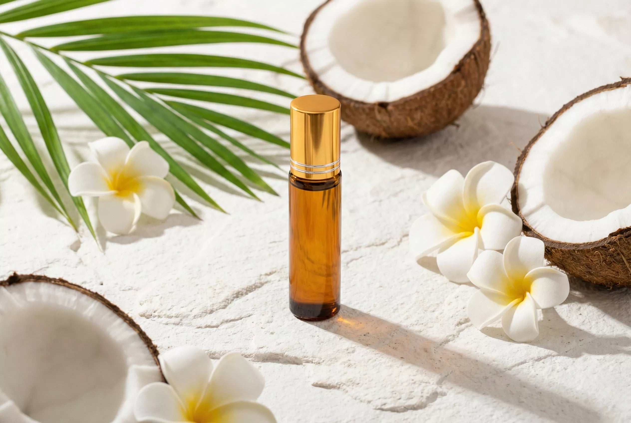 DIY coconut perfume oil in an amber roller bottle surrounded by fresh coconut, plumeria flowers, and palm leaves on a white table.
