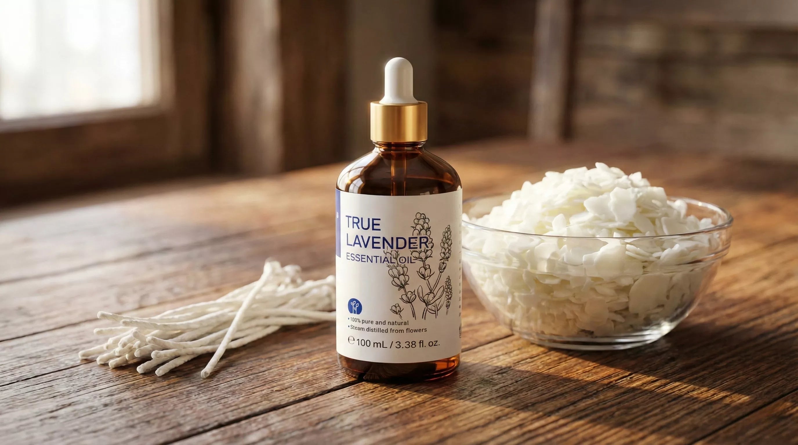 Lavender essential oil for candle making workspace