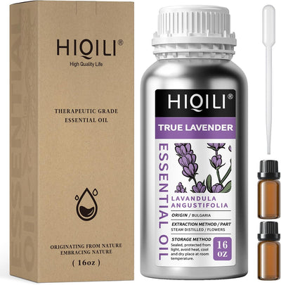 HIQILI 16oz True Lavender Essential Oil bulk bottle with kraft packaging box, white bottle, purple lavender label, and dropper accessory, featuring Lavandula Angustifolia essential oil from Bulgaria with steam distilled lavender flowers.
