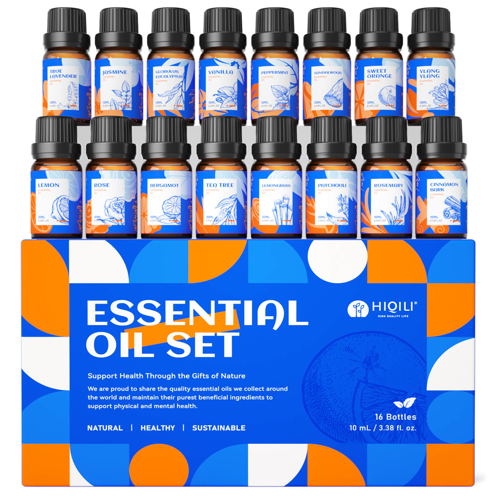 HIQILI Top 16 Essential Oils Set, 16 small amber bottles arranged in rows on a blue gift box