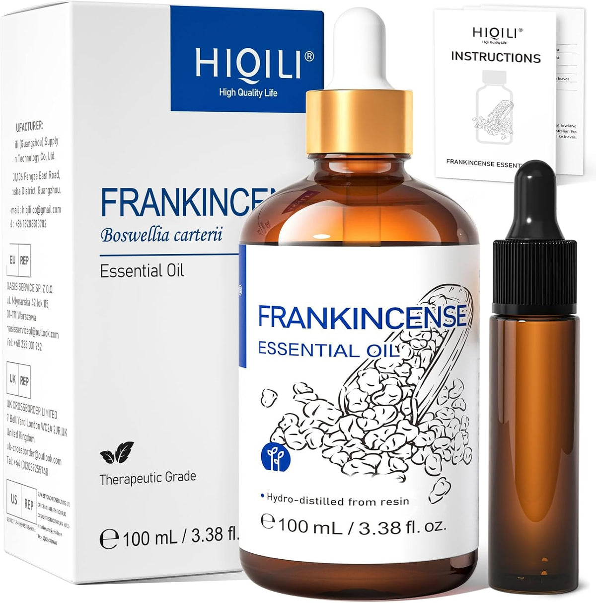 HIQILI Frankincense Essential Oil 100 mL box with amber bottle and dropper