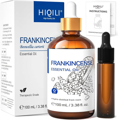 HIQILI Frankincense Essential Oil 100 mL box with amber bottle and dropper